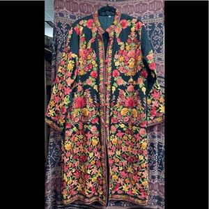 Hand embroidered cashmere knee length coat